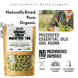 Package of Organic Greek Mountain Tea with text highlighting authenticity, preservation methods, and sustainability.