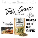 Promotional image for organic Greek mountain tea with packaging and text highlighting the product's features.