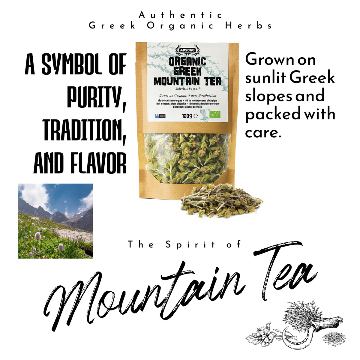 Package of Organic Greek Mountain Tea with text about purity, tradition, and flavor on a white background.