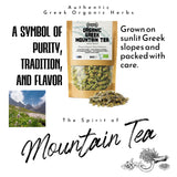 Package of Organic Greek Mountain Tea with text about purity, tradition, and flavor on a white background.