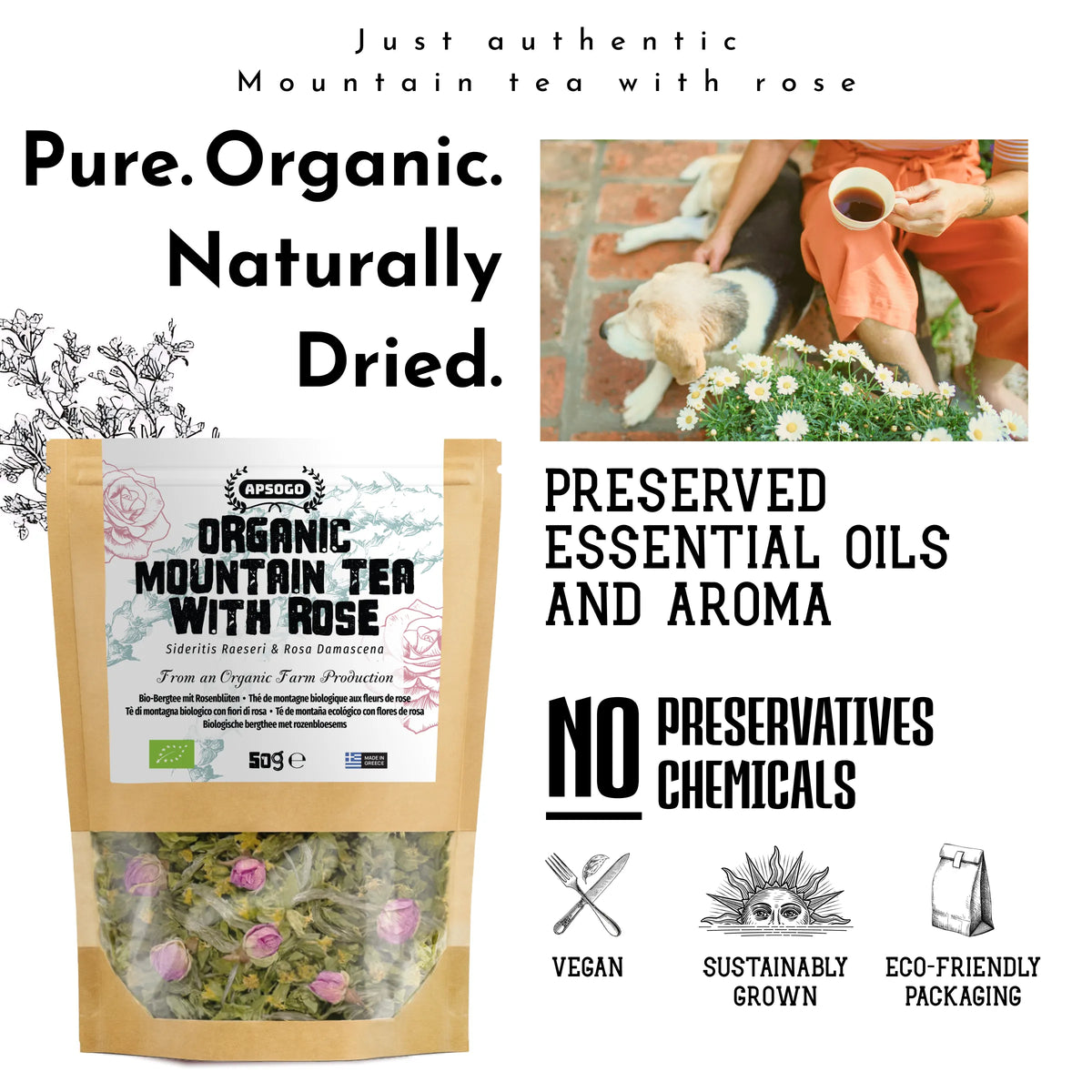 Package of organic mountain tea with rose and promotional text about its authenticity, purity, and benefits.