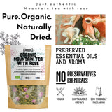 Package of organic mountain tea with rose and promotional text about its authenticity, purity, and benefits.