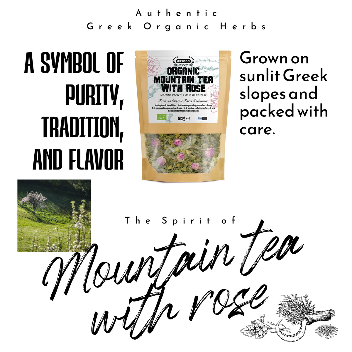 Package of organic mountain tea with rose and text about Greek organic herbs.
