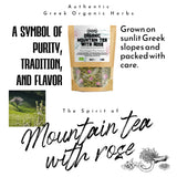 Package of organic mountain tea with rose and text about Greek organic herbs.