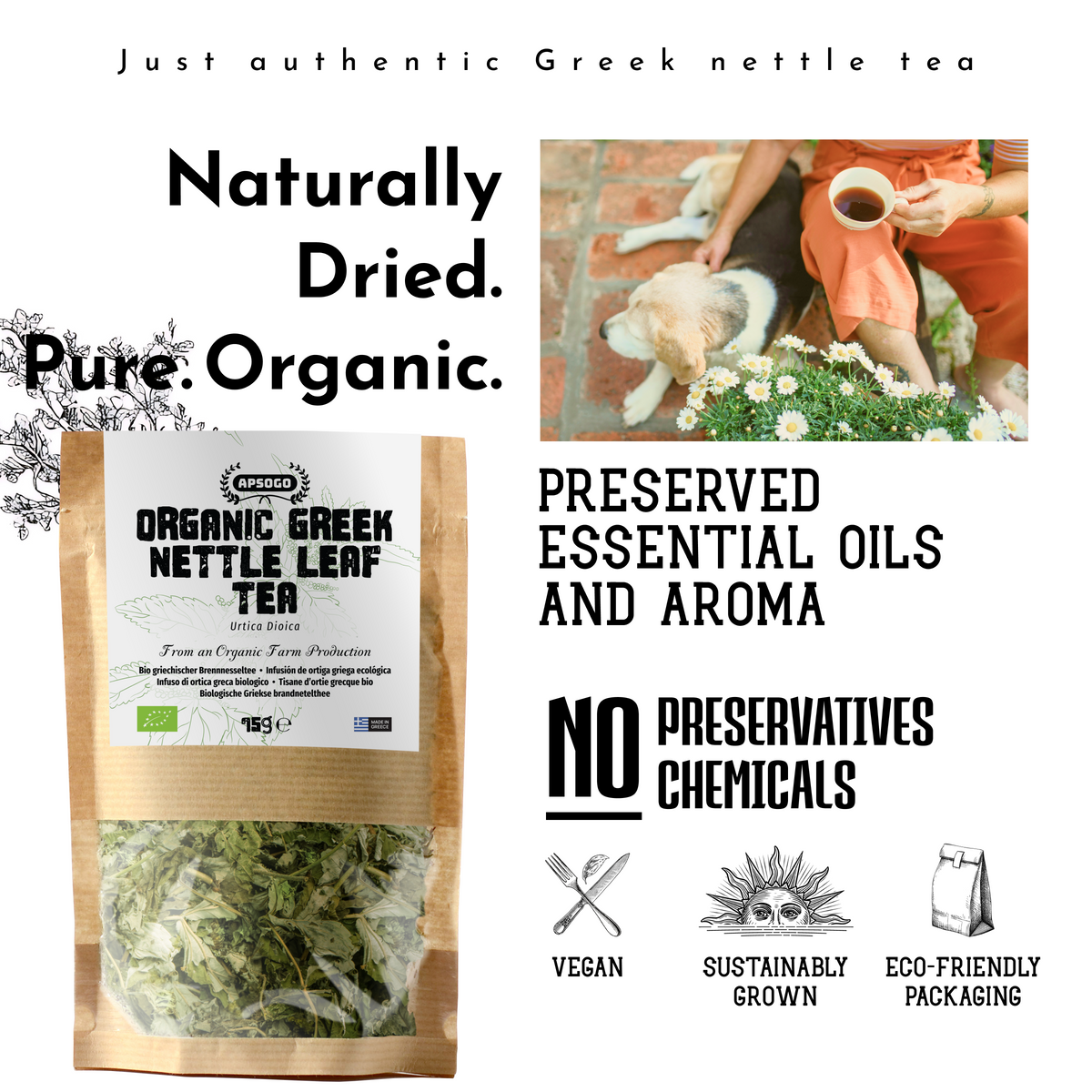 APSOGO Organic Greek Nettle Tea - Loose Leaf Herbal Infusion - Urtica Dioica - Detox & Wellness Support - Eco Pouch - 75g