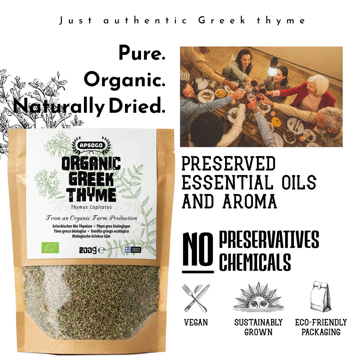 Package of organic Greek thyme with promotional text and images of people enjoying food.