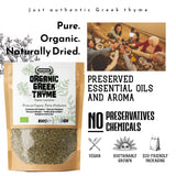 Package of organic Greek thyme with promotional text and images of people enjoying food.