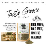 Promotional image for 'Taste Greece' organic Greek thyme with packaging and text about its flavor and aroma.