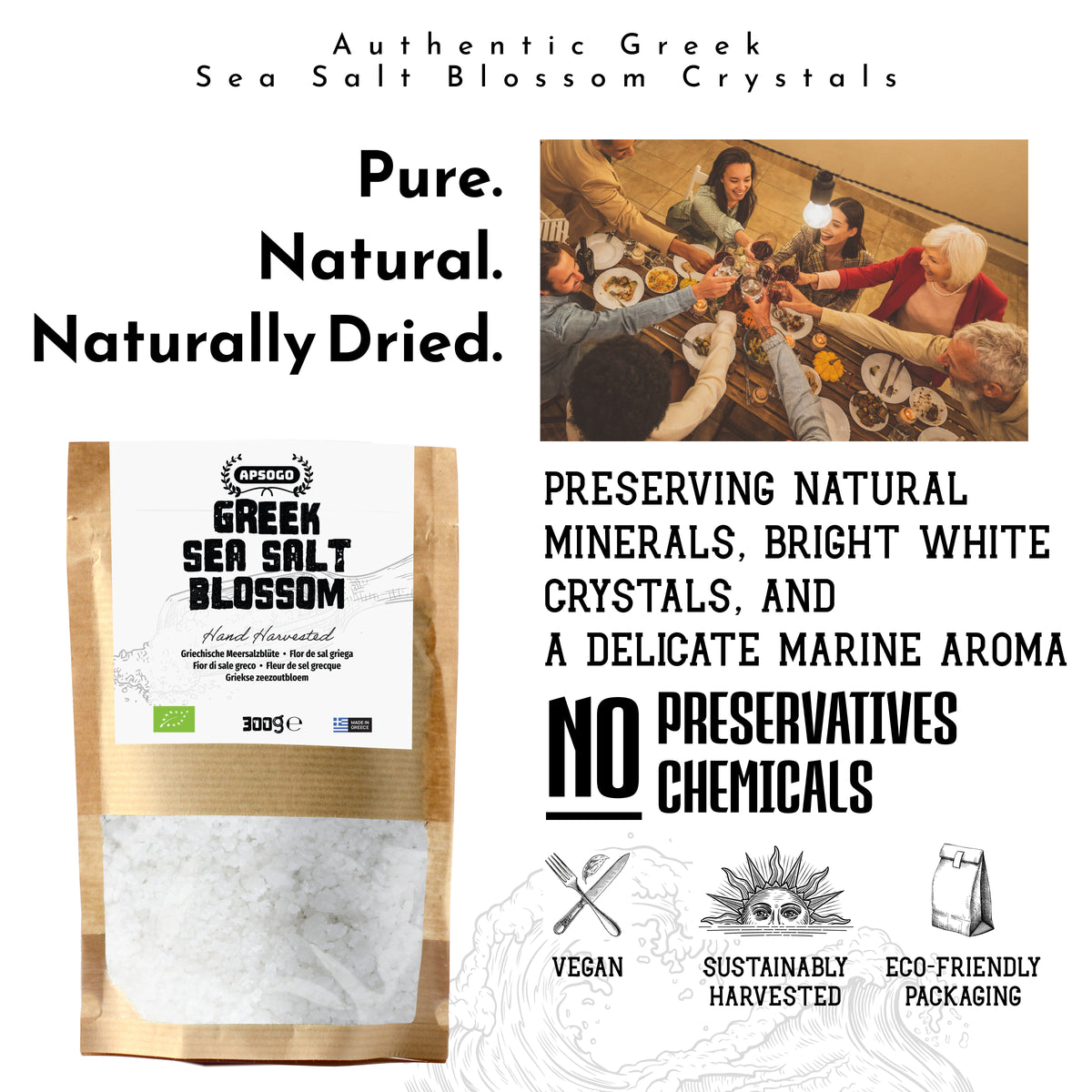 APSOGO Greek Sea Salt Blossom - Hand-Harvested Salt Crystals from the Aegean Sea - Unrefined, Additive-Free - 300g Eco Pouch