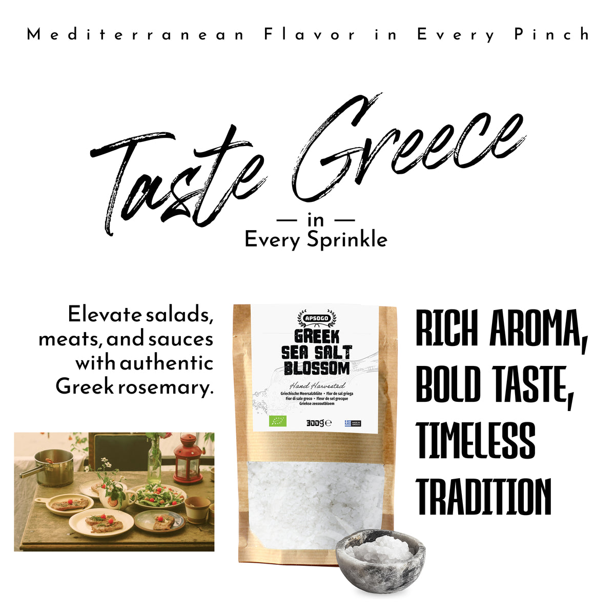 APSOGO Greek Sea Salt Blossom - Hand-Harvested Salt Crystals from the Aegean Sea - Unrefined, Additive-Free - 300g Eco Pouch