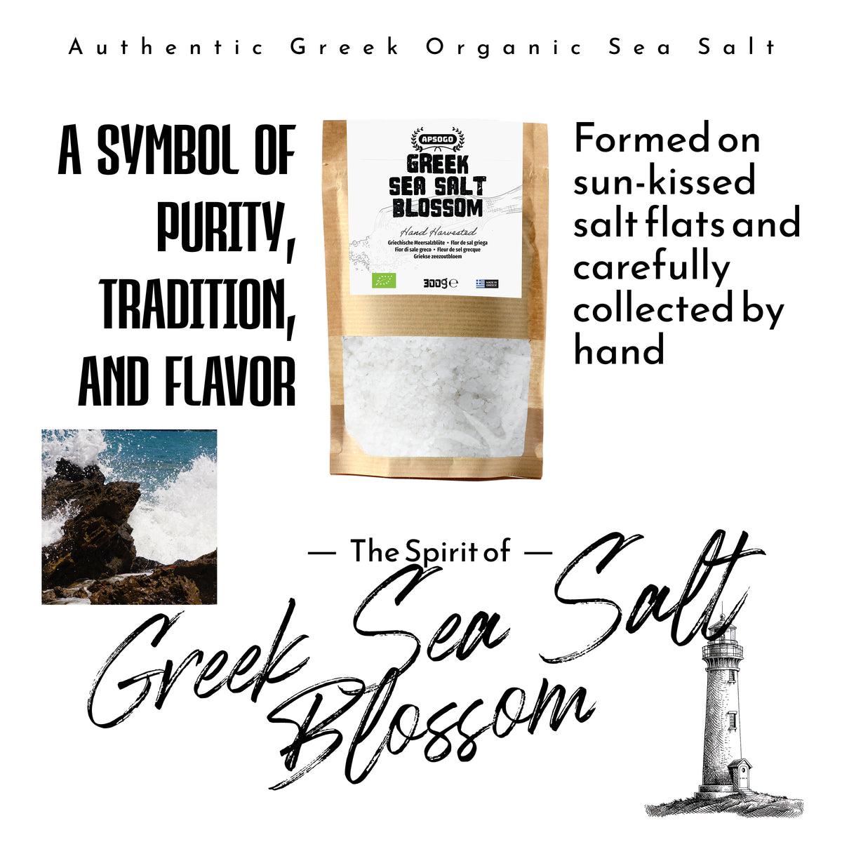 APSOGO Greek Sea Salt Blossom - Hand-Harvested Salt Crystals from the Aegean Sea - Unrefined, Additive-Free - 300g Eco Pouch