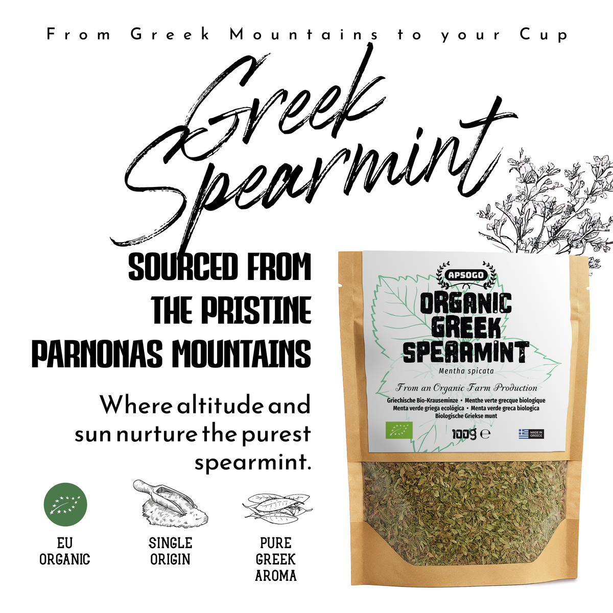 Apsogo Spearmint - Getrocknete Bio-Spearmint aus Griechenland - Premium-Qualität &amp; erfrischendes Aroma, perfekt als Gewürz- oder Kräutertee (100 g) 