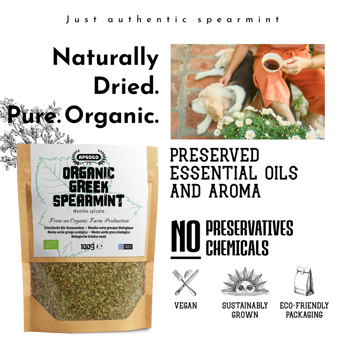 Apsogo Spearmint - Getrocknete Bio-Spearmint aus Griechenland - Premium-Qualität &amp; erfrischendes Aroma, perfekt als Gewürz- oder Kräutertee (100 g) 