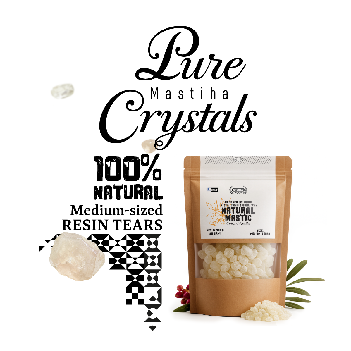 Apsogo Chios Mastiha 25g – 100% Natural Mastic Gum Tears from Greece – Medium Size – Sugar-Free, Vegan Chewing Gum, Pure Chios Mastic