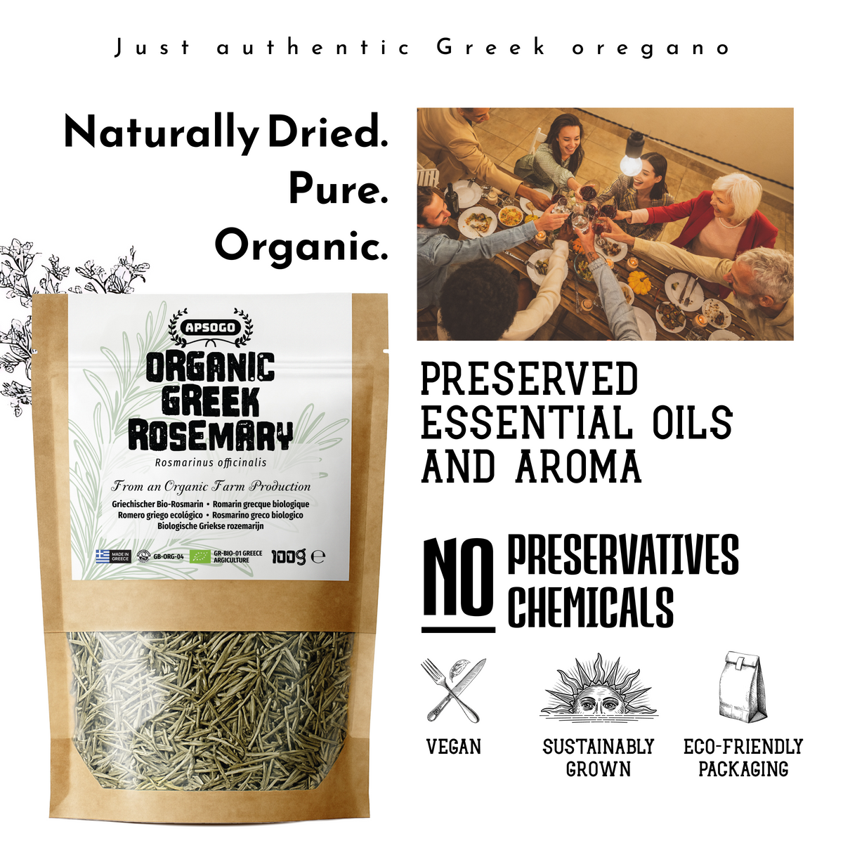 Apsogo Rosemary - Dried Organic Rosemary produced in Greece - Aromatic Flavor, Premium Quality Herb & Excellent Taste (100g)