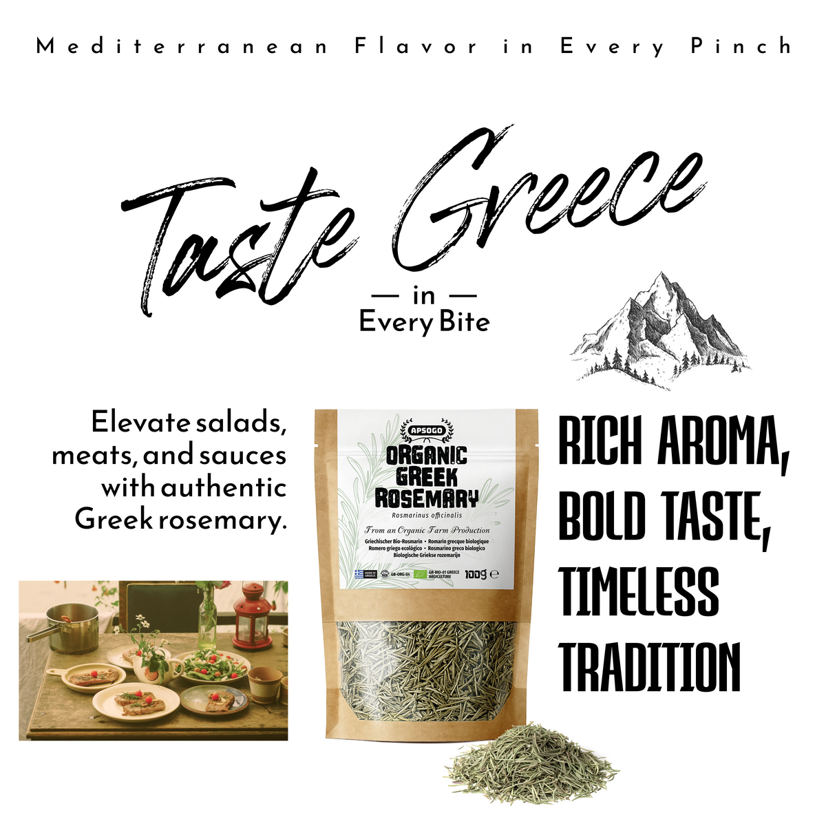 Apsogo Rosemary - Dried Organic Rosemary produced in Greece - Aromatic Flavor, Premium Quality Herb & Excellent Taste (100g)