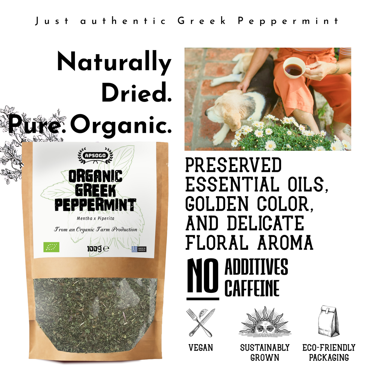 APSOGO Bio-Pfefferminztee aus Griechenland – ganze lose Pfefferminzblätter getrocknet – aromatisch & erfrischend – Premium Kräutertee ohne Zusätze (100g)