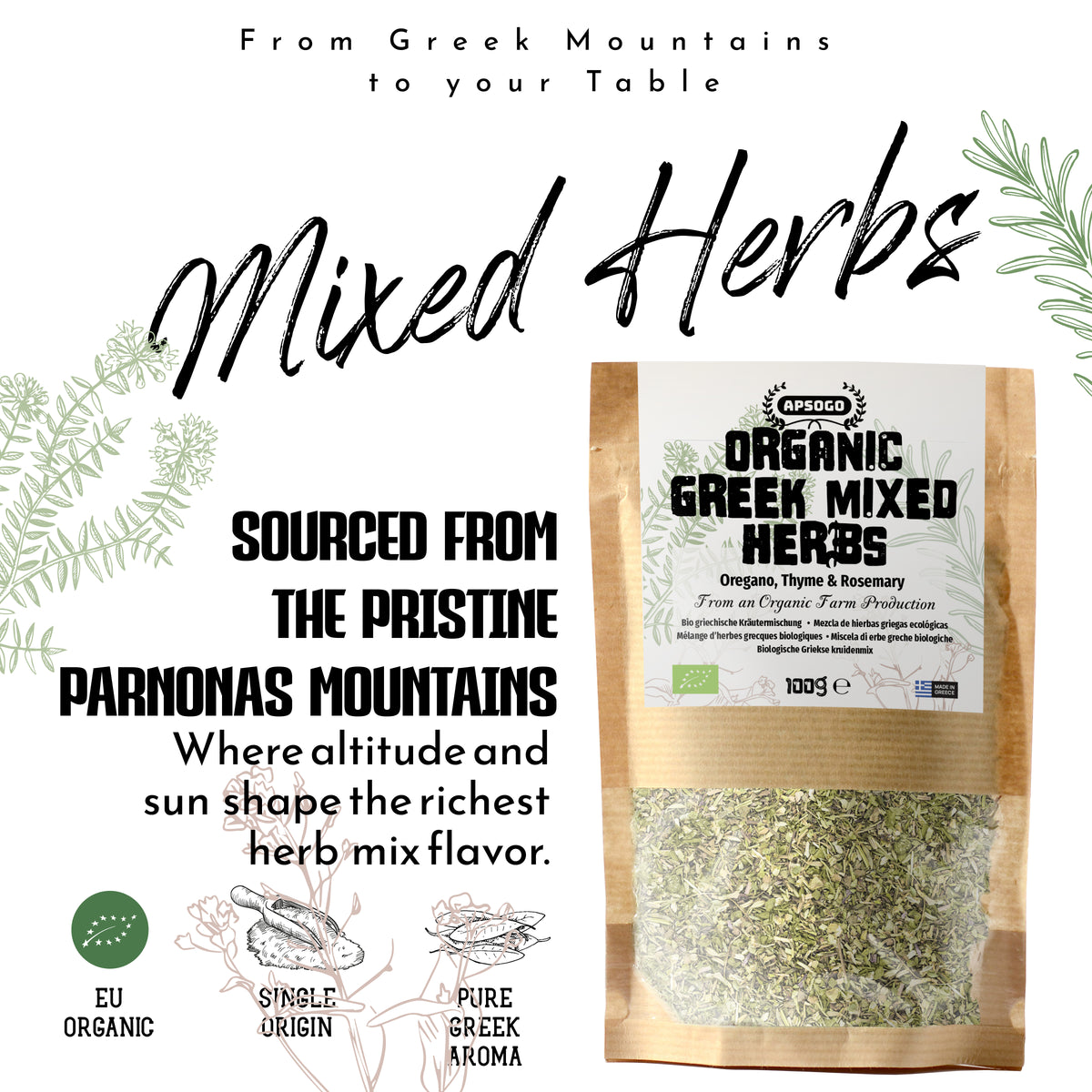 Apsogo Greek Herb Mix with Oregano, Thyme & Rosemary - Organic Quality from Greece - BBQ mix for grilling for meat and fish (100g)