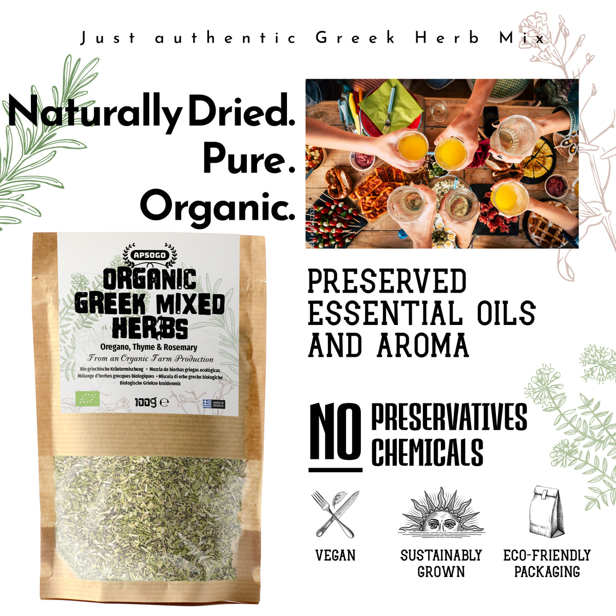 Apsogo Greek Herb Mix with Oregano, Thyme & Rosemary - Organic Quality from Greece - BBQ mix for grilling for meat and fish (100g)