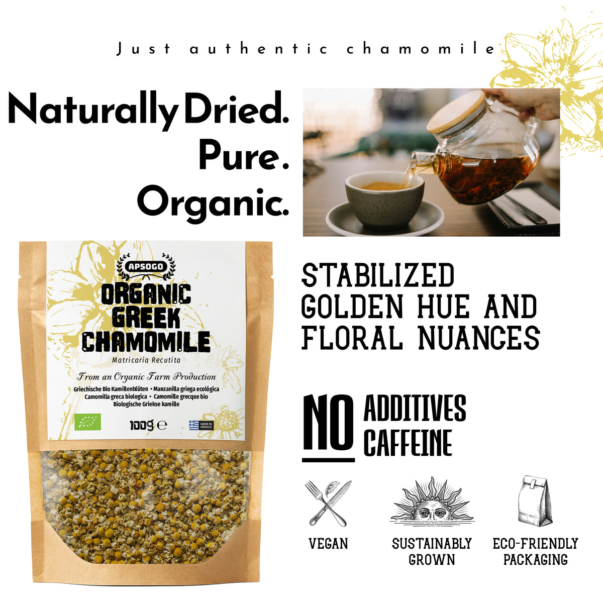 APSOGO Organic Chamomile Loose Leaf Tea 100g - Dried Chamomile Flowers from Greece - Pure Organic Chamomile Tea Loose Leaf - Camomile Flowers for Relaxation & Digestion