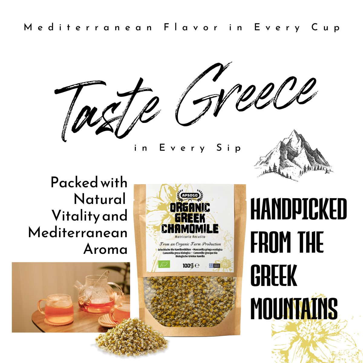 APSOGO Organic Chamomile Loose Leaf Tea 100g - Dried Chamomile Flowers from Greece - Pure Organic Chamomile Tea Loose Leaf - Camomile Flowers for Relaxation & Digestion