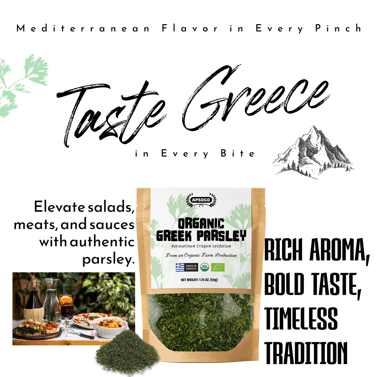 Apsogo Organic Dried Parsley (100g) - Premium Greek Parsley Loose Cut - Fresh Herbal Aroma & Vibrant Green Colour - Eco-Friendly Resealable Pouch - Natural Culinary Herb