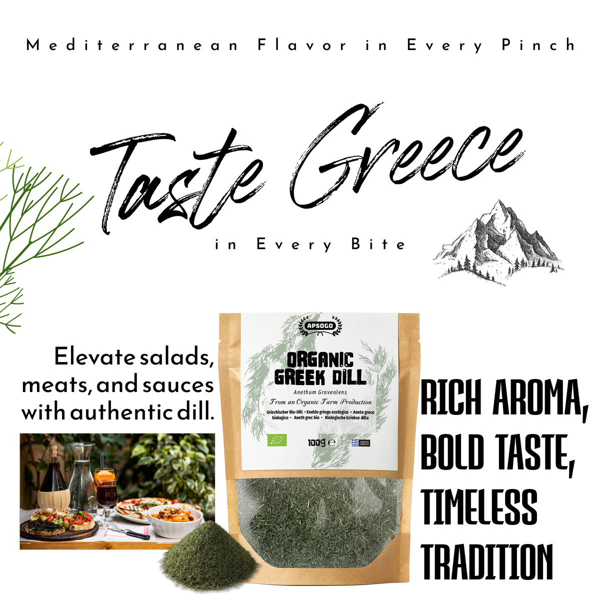 Apsogo Organic Dried Dill (100g) - Premium Greek Dill - Fresh Herbal Aroma & Delicate Sweet Flavour - Eco-Friendly Resealable Pouch - Natural Culinary Herb
