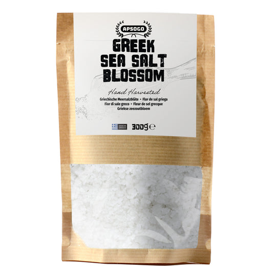 APSOGO Greek Sea Salt Blossom - Hand-Harvested Salt Crystals from the Aegean Sea - Unrefined, Additive-Free - 300g Eco Pouch