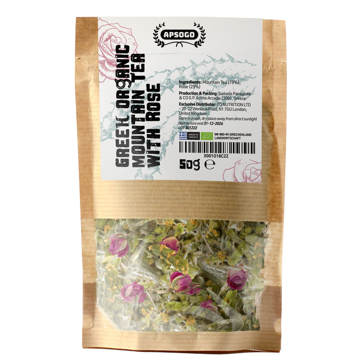 APSOGO Organic Mountain Tea with Rose - Herbal Infused Tea - Premium Quality & Excellent Taste - Produced in Greece - 50g