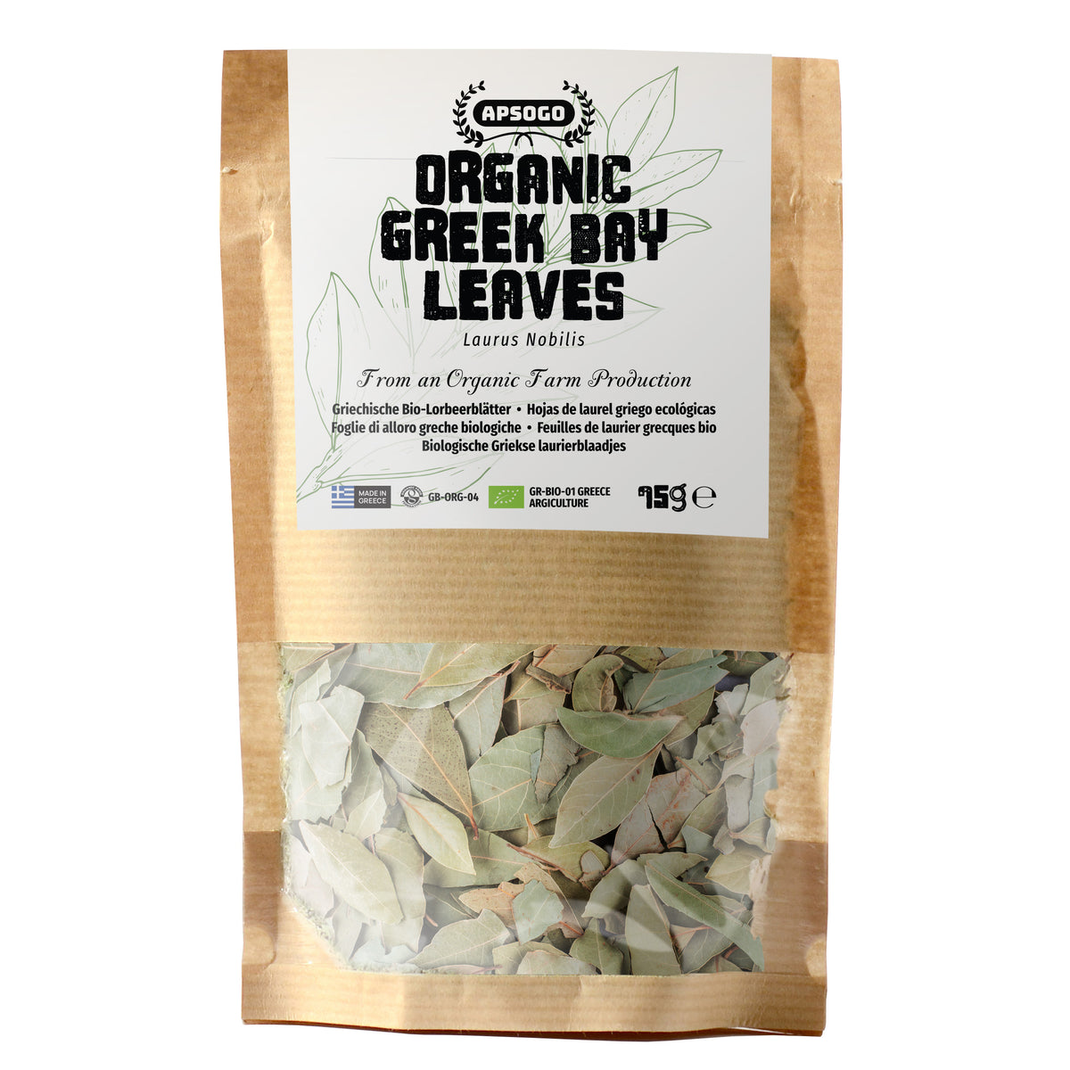 Bag of organic Greek bay leaves with Apsogo branding on a white background