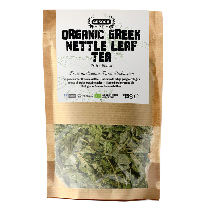 APSOGO organic Greek nettle leaf tea in a resealable kraft pouch