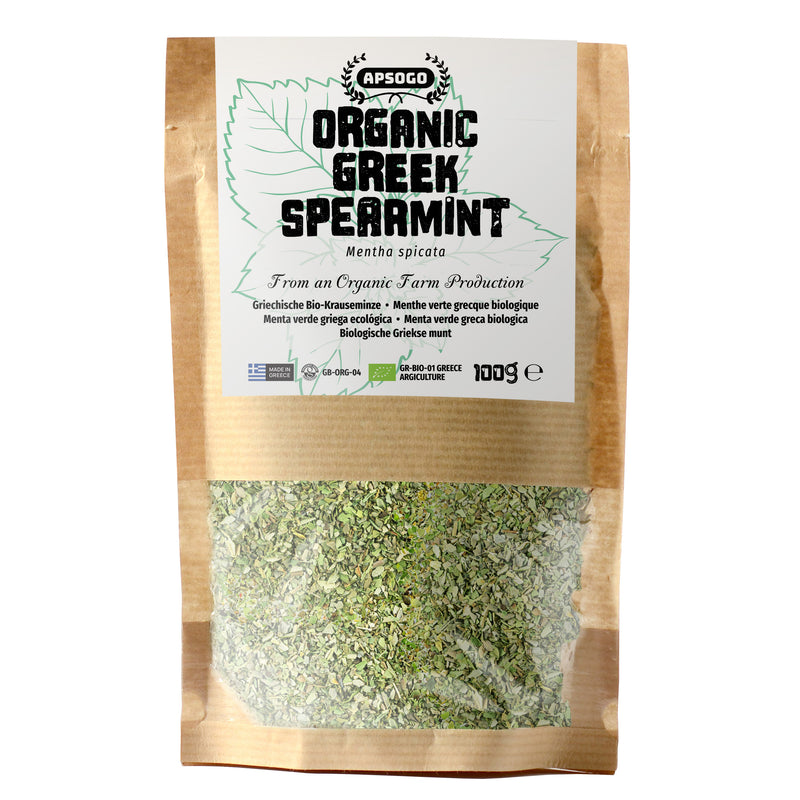 Bag of organic Greek spearmint with Apsogo branding on a white background