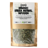 Bag of organic Greek herbal infusion with visible herbs inside on a white background