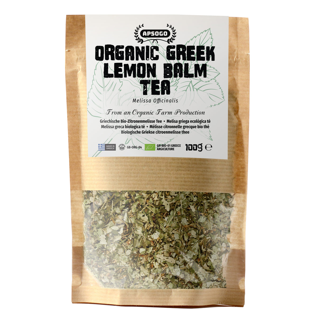 Bag of organic Greek lemon balm tea with visible herbs inside on a white background