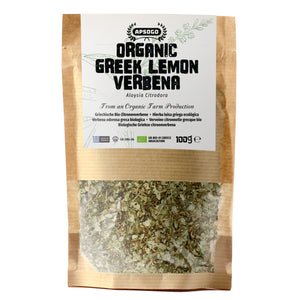 Package of organic Greek lemon verbena with visible brand label on a white background