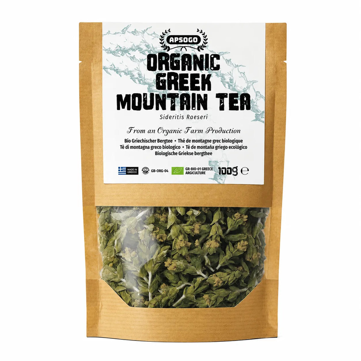 Package of organic Greek mountain tea with visible tea leaves and branding on a white background