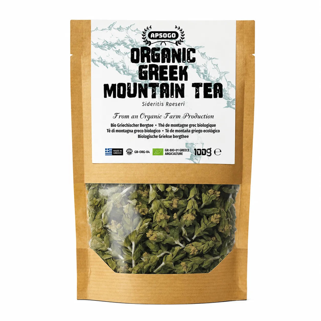 Package of organic Greek mountain tea with visible tea leaves and branding on a white background