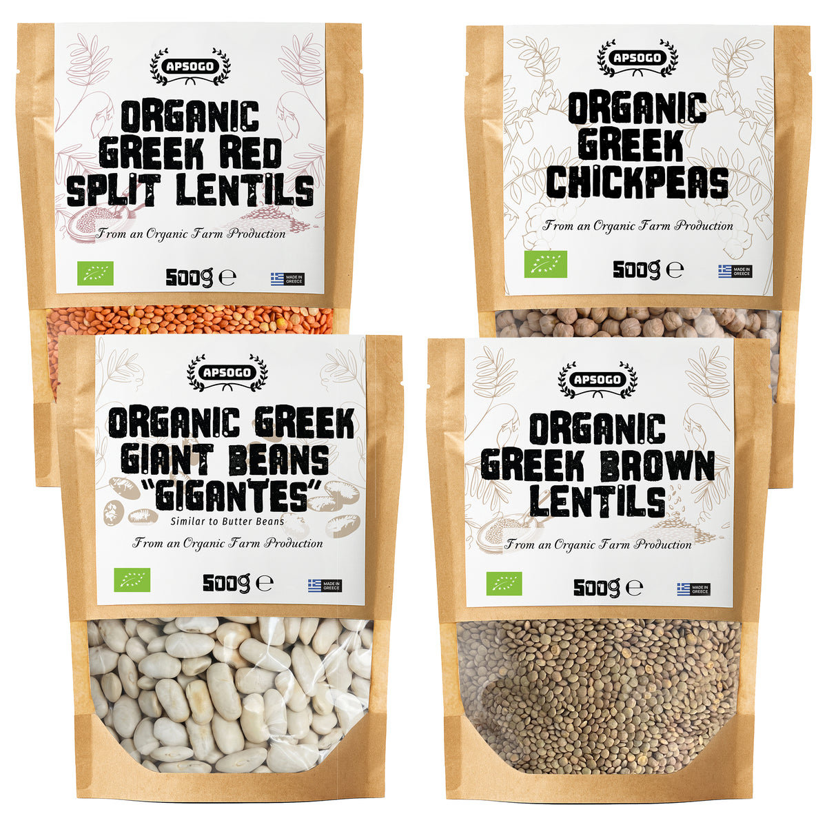 APSOGO Greek Legumes Set: organic giant beans, chickpeas, red and brown lentils