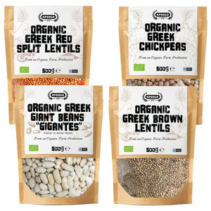 APSOGO Greek Legumes Set: organic giant beans, chickpeas, red and brown lentils