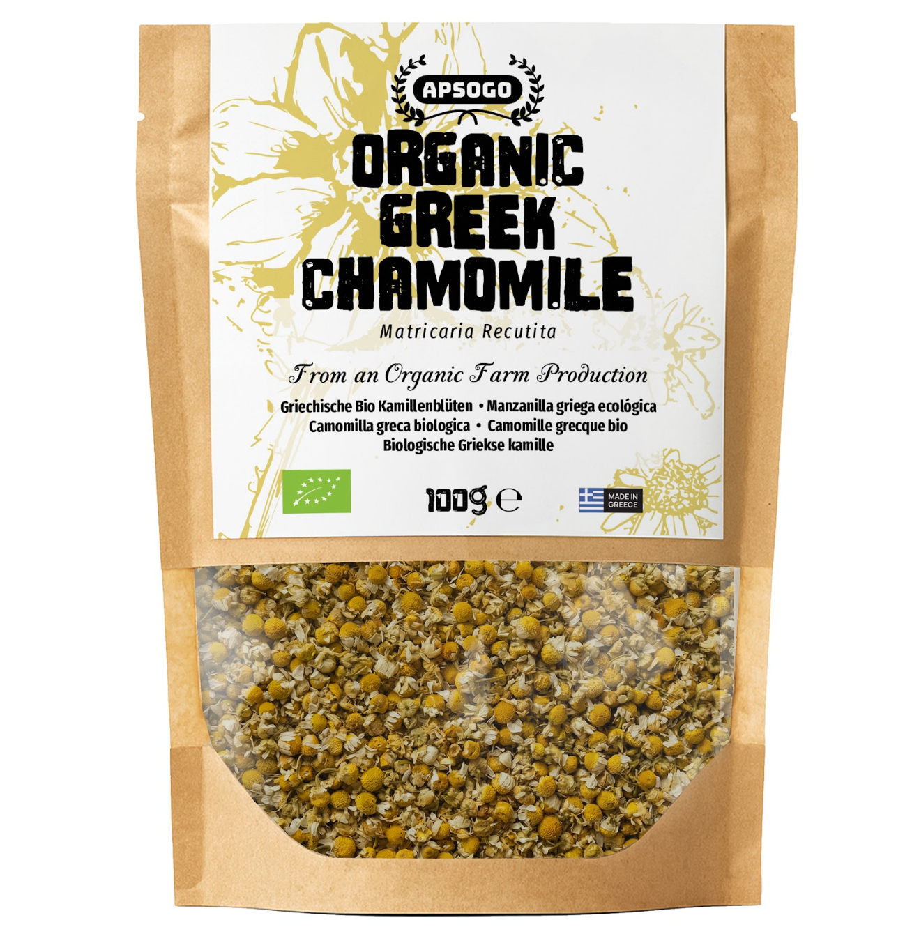 APSOGO Organic Chamomile Loose Leaf Tea 100g - Dried Chamomile Flowers from Greece - Pure Organic Chamomile Tea Loose Leaf - Camomile Flowers for Relaxation & Digestion