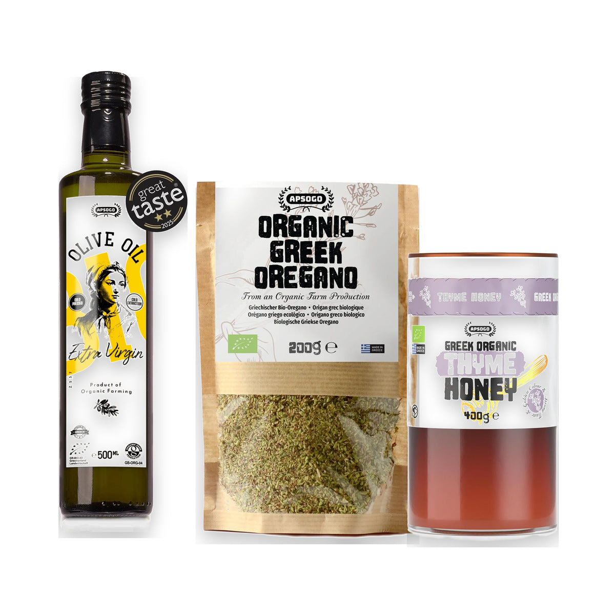 APSOGO Mediterranean Gift Hamper - Organic Cretan Extra Virgin Olive Oil 500ml, Greek Thyme Honey 400g & Organic Oregano 200g - Greek Food Gift Set