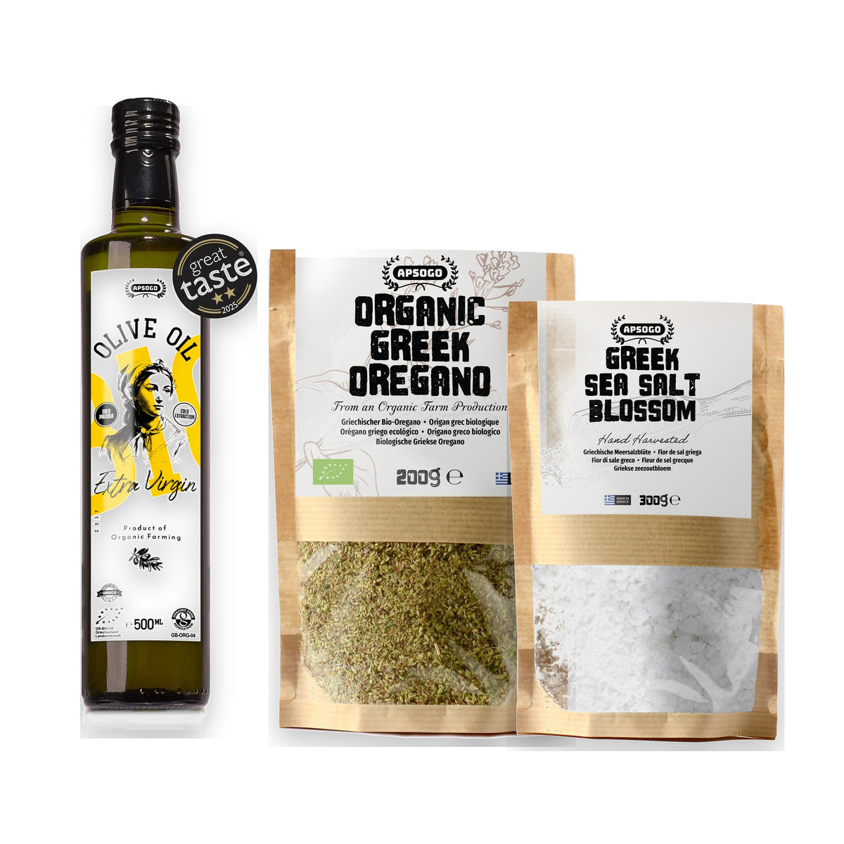 APSOGO Greek Kitchen Starter Bundle - Organic Cretan Extra Virgin Olive Oil 500ml, Greek Oregano 200g & Aegean Sea Salt 300g - Mediterranean Cooking Essentials Set