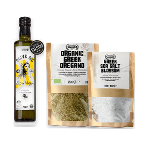 APSOGO Greek Kitchen Starter Bundle - Organic Cretan Extra Virgin Olive Oil 500ml, Greek Oregano 200g & Aegean Sea Salt 300g - Mediterranean Cooking Essentials Set