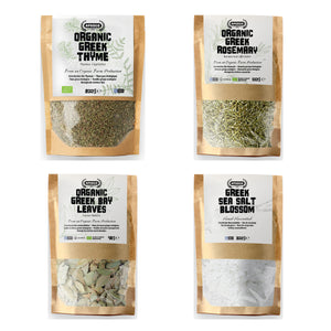 APSOGO Sunday Roast Herb Set - Organic Greek Rosemary 100g, Thyme 200g, Bay Leaves 75g & Aegean Sea Salt 300g - Roasting and Seasoning Gift Set