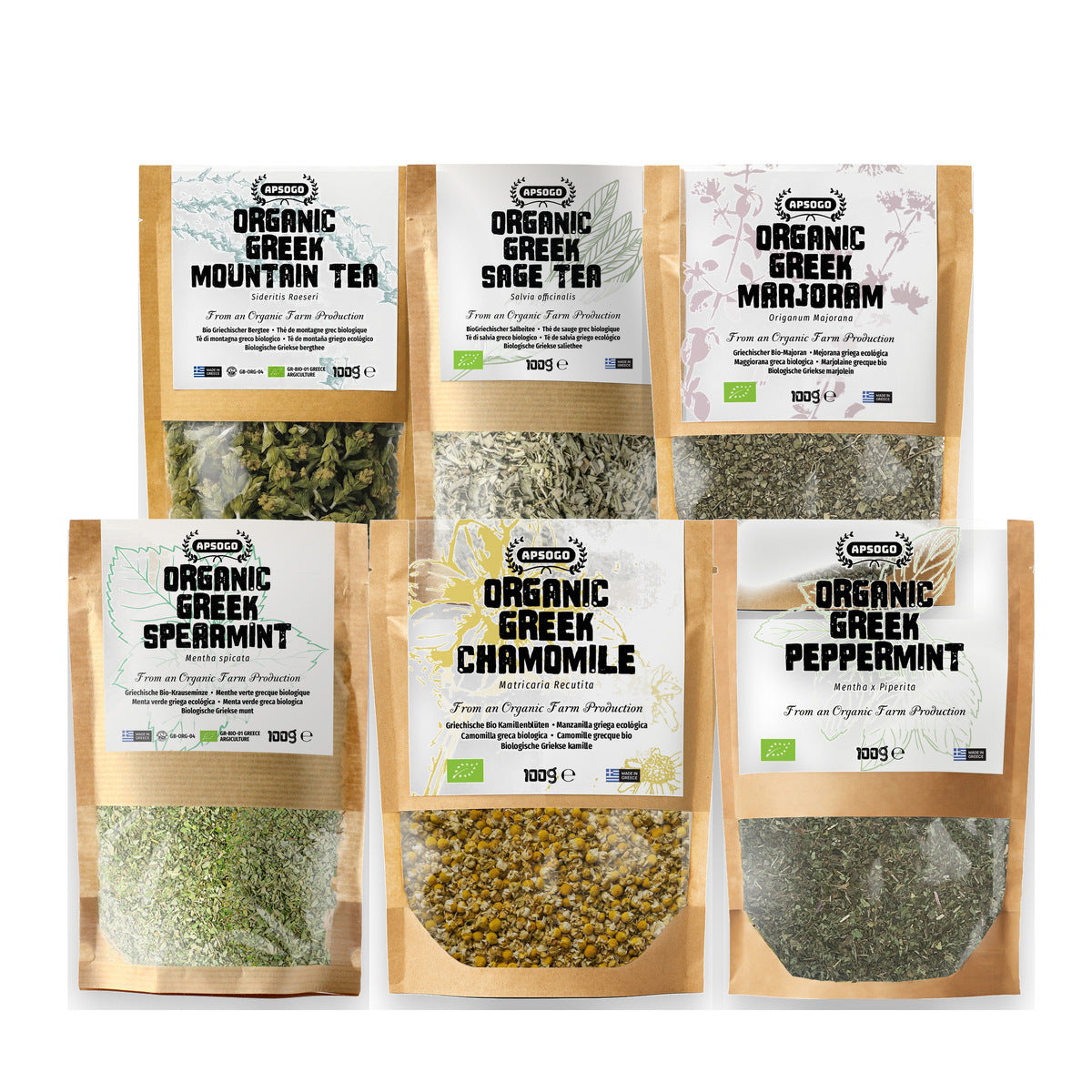 APSOGO Greek Herbal Tea Collection - 6 Organic Loose Leaf Teas 6x100g - Mountain Tea, Sage, Spearmint, Chamomile, Peppermint & Marjoram - Caffeine-Free Set