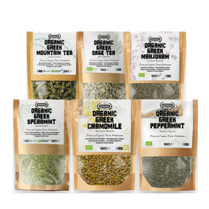 APSOGO Greek Herbal Tea Collection - 6 Organic Loose Leaf Teas 6x100g - Mountain Tea, Sage, Spearmint, Chamomile, Peppermint & Marjoram - Caffeine-Free Set
