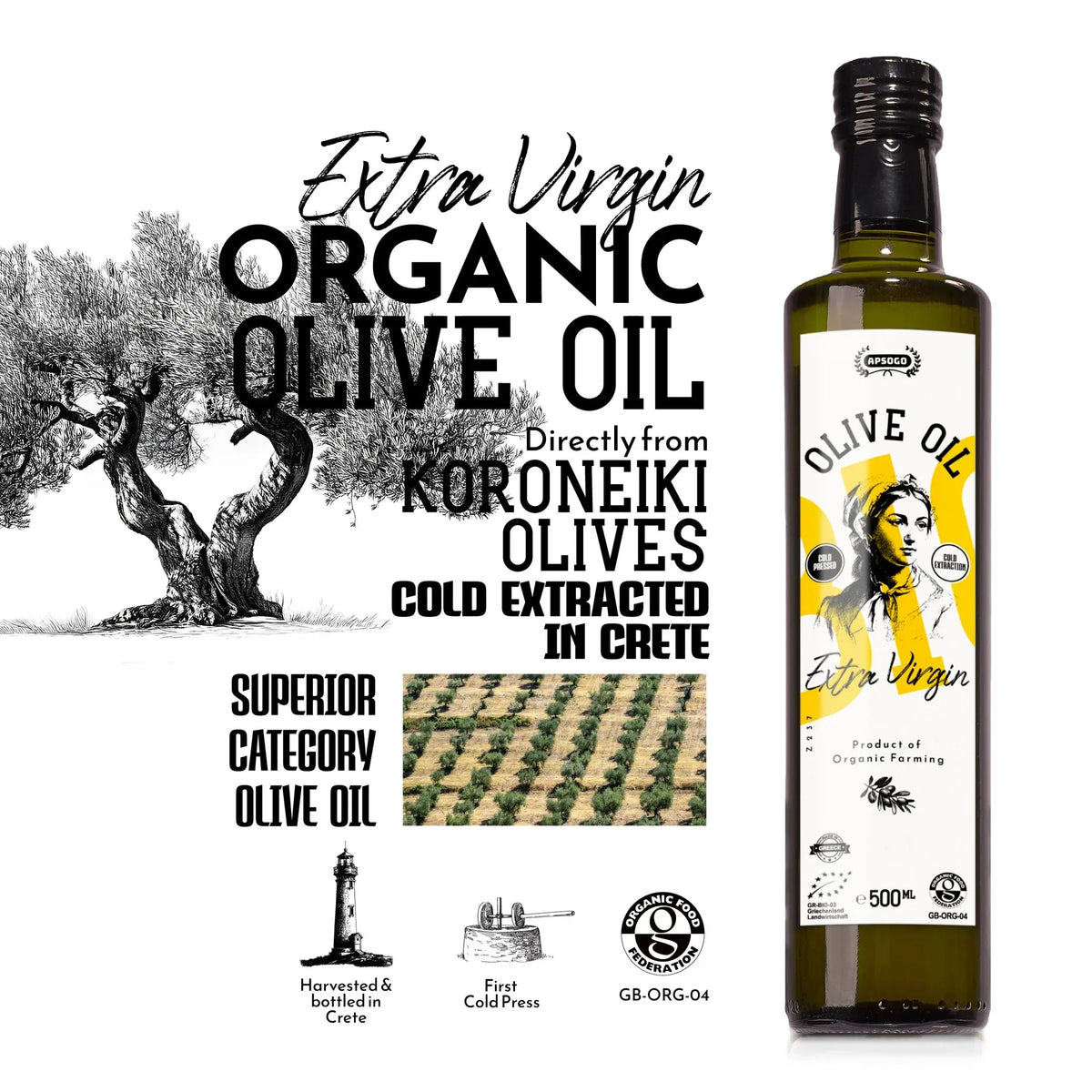 Apsogo Organic Greek Extra Virgin Olive Oil 500ml, premium cold-pressed from Koroneiki olives, superior quality from Greece.