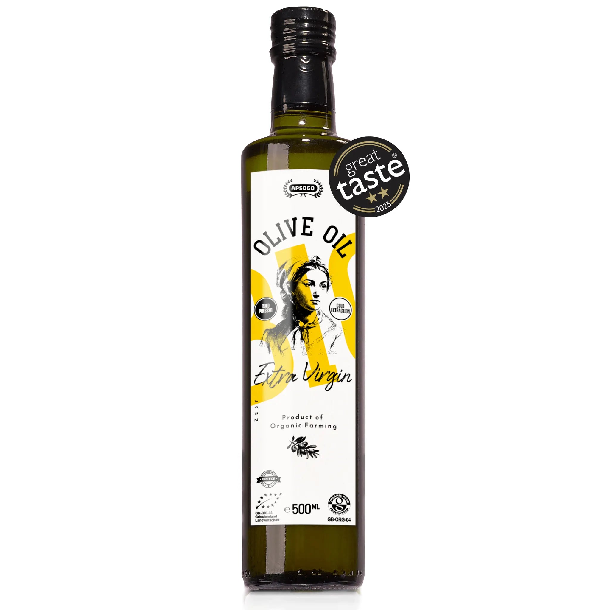 Apsogo Organic Greek Extra Virgin Olive Oil in a 500ml dark glass bottle, premium cold pressed from Greece, award-winning ...