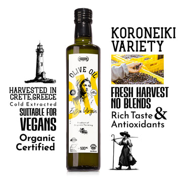 Apsogo Organic Greek Extra Virgin Olive Oil, 500ml, premium cold-pressed, rich in antioxidants, harvested in Crete.