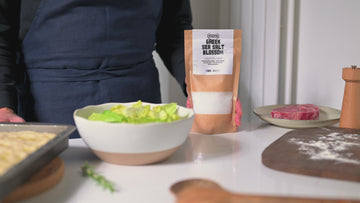 Sea salt blossom in use making salad, focaccia 